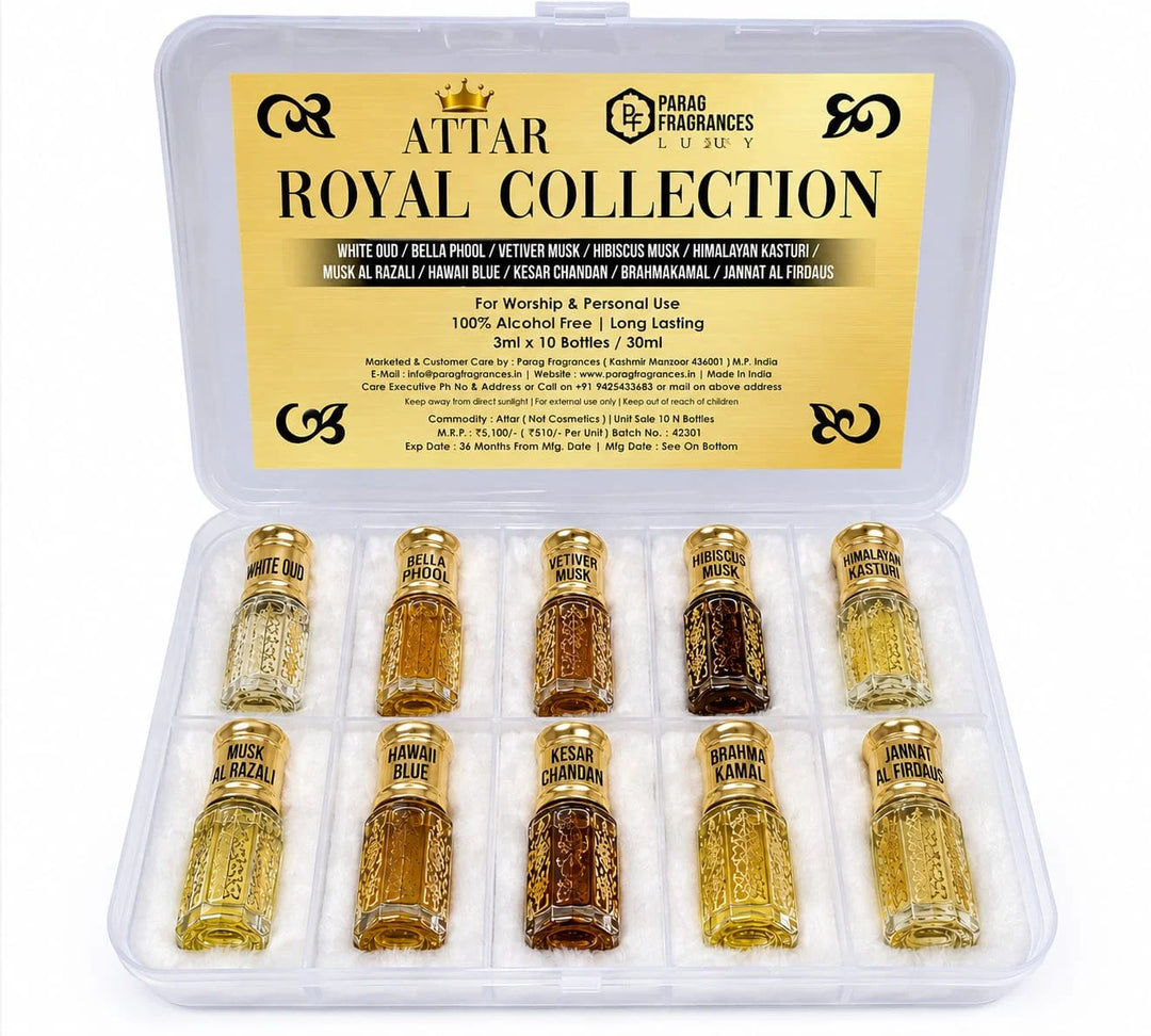 Parag Fragrances 10 in 1 Royal Collection White Oud,Bella Phool, Bramaha Kamal, Hawaii Blue, Kesar Chandan, Hibiscus Musk, Jannat Al firdaus, Himalyan Kasturi, Dehnal Oud & Musk Al Razali