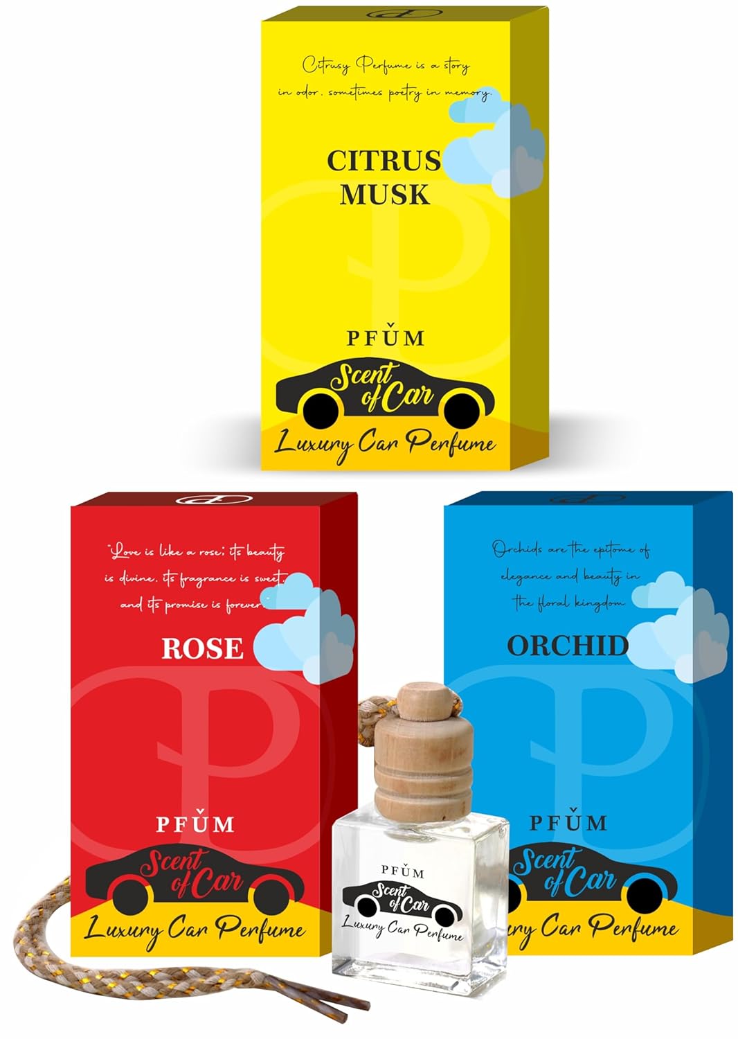 PFUM Citrus, Rose & Orchid Scent of Car Hanging Car Perfume 10ml Each ...