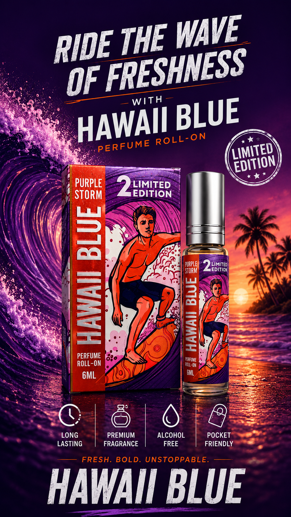 Parag Fragrances Hawaii Blue Purple Storm Limited Edition 6ml (Rise the wave of freshness with Hawaii Blue)