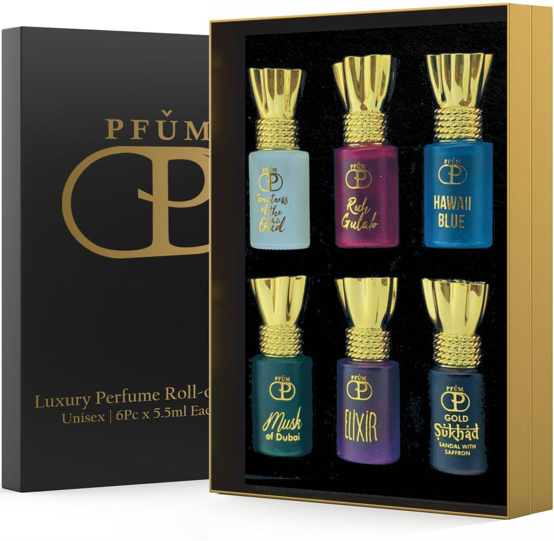 PFUM Luxury Alcohol Free Long Lasting Roll-On Attar Perfume Gift Set For Unisex Each Total 33ml (Ruh Gulab, Hawaii Blue, White Oud, Musk of