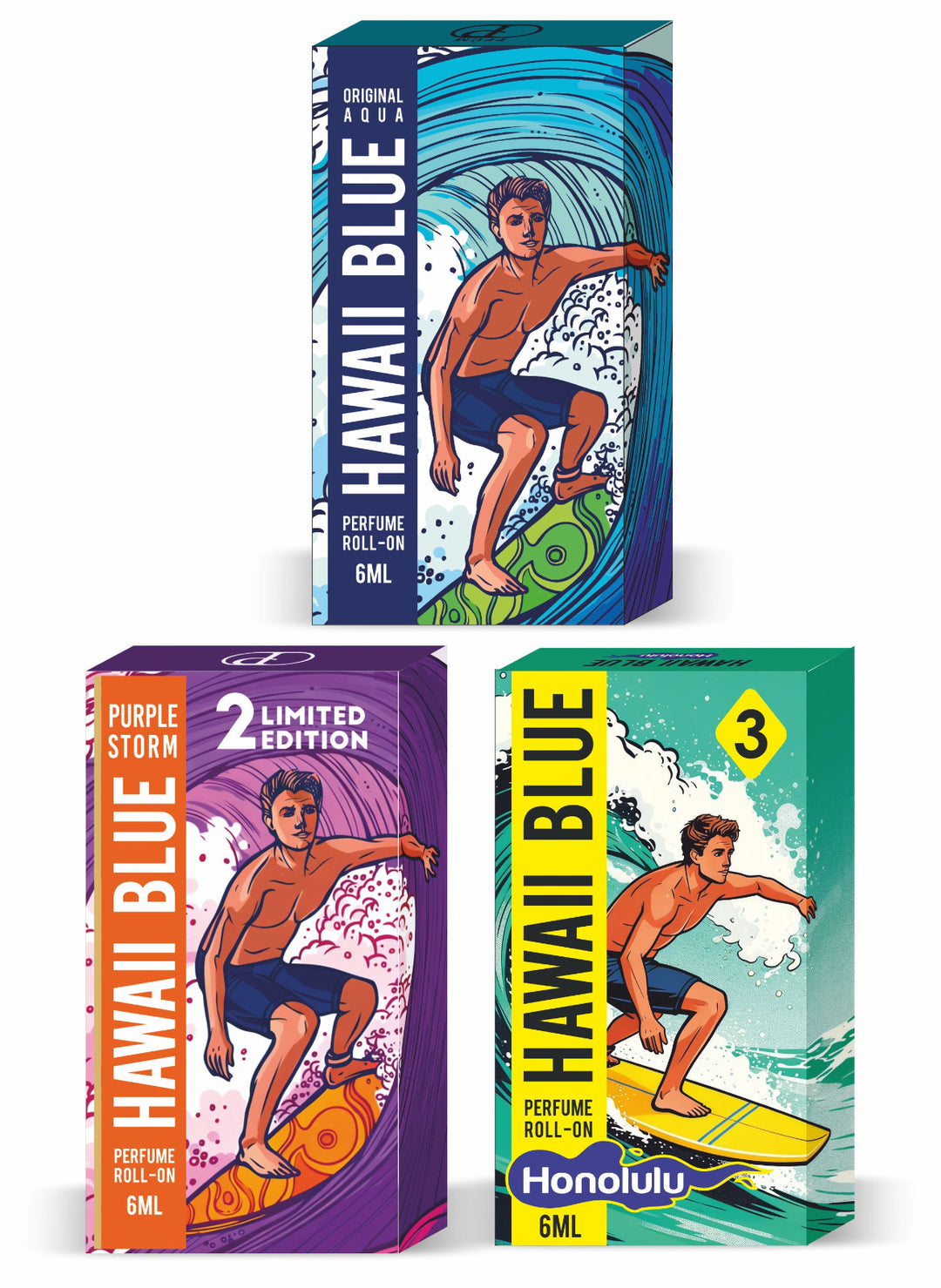 Parag Fragrances Hawaii Blue Attar Combo Pack of 3 | Original Aqua, Purple Storm & Honolulu | Long Lasting Attar Roll-On for Men | 6ml Each | 18ml