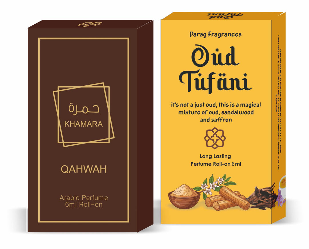 Parag Fragrances Khamar Qahwah & Oud Tufani Attar Combo | Arabic Attar Roll-On Set | 6ml Each
