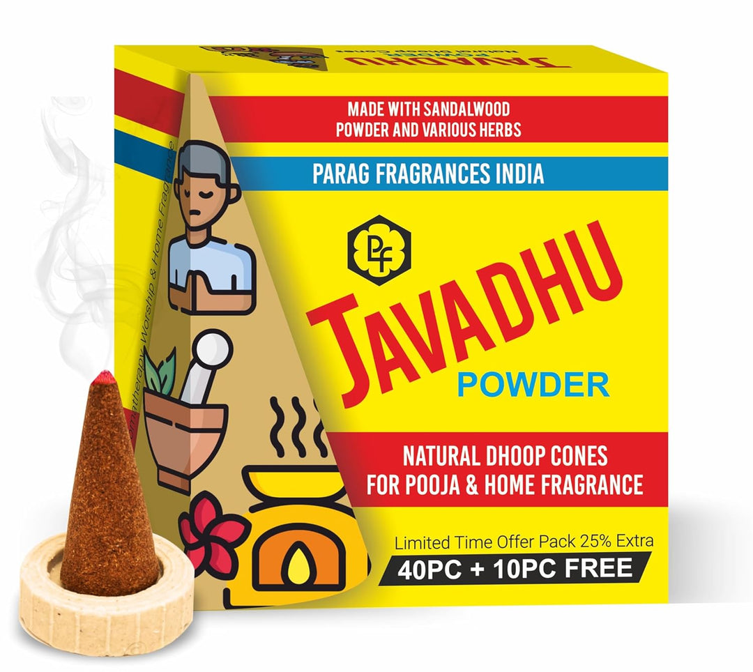 Parag Fragrances Javadhu Powder Dhoop Cones 50pc Pack for Pooja, Home Fragrance & Meditation 50pc Pack (Made with Sandalwood Powder & Herbs)