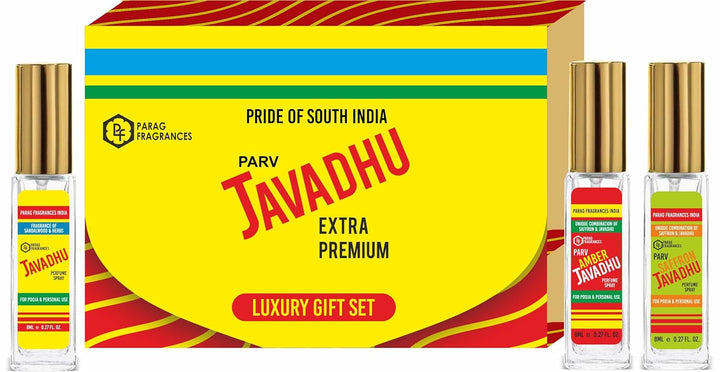 Parag Fragrances Javadhu Long Lasting Perfume Gift Set 8ml x 3 pc Total 24ml Perfume Spray / Natural, Amber & Saffron Javadhu Perfume Spray