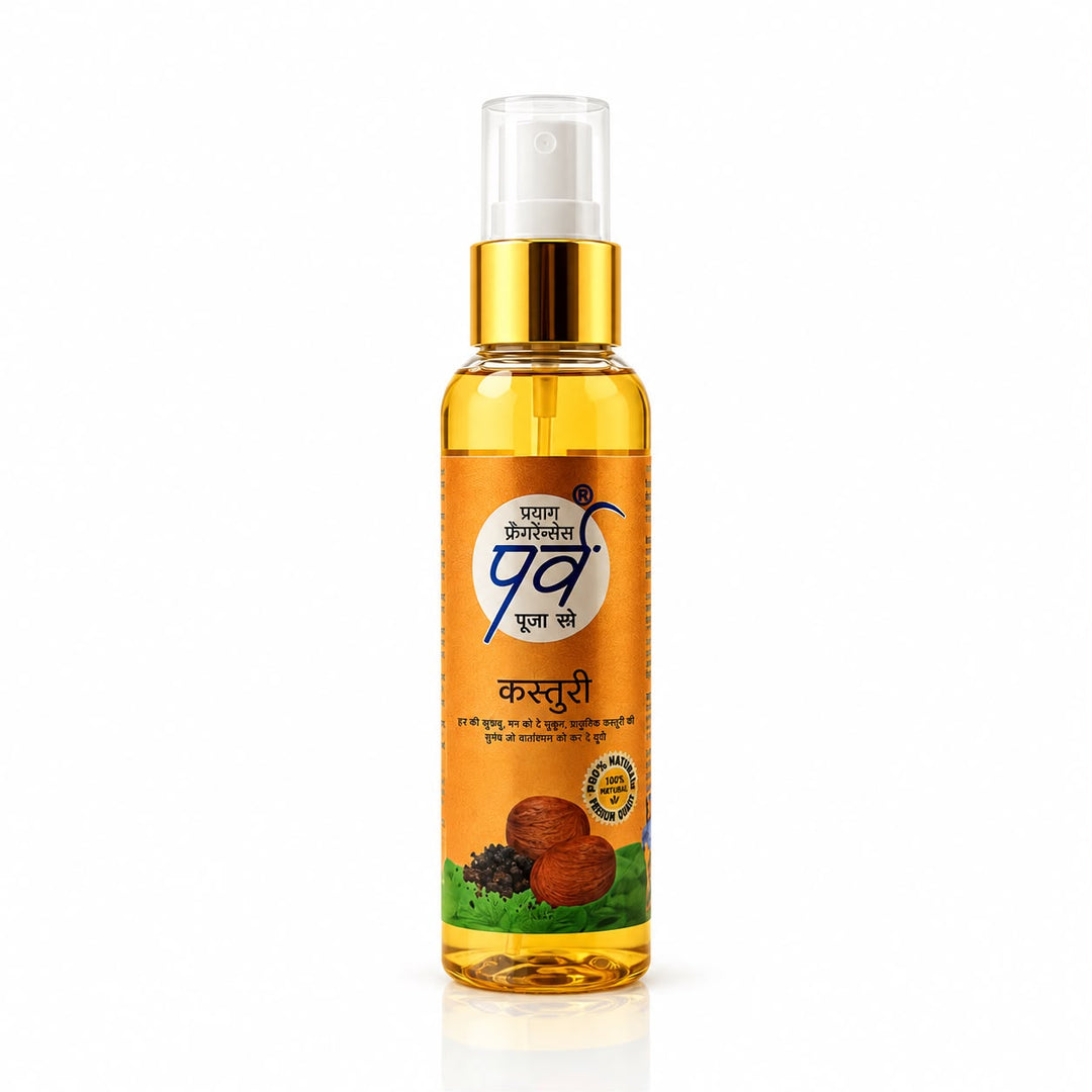 Parag Fragrances Parv Kasturi Pooja Spray 120ml / 100% Alcohol Free & Made From Natural Attar | Long Lasting Natural Aroma | For Home, Temple, Office & Meditation