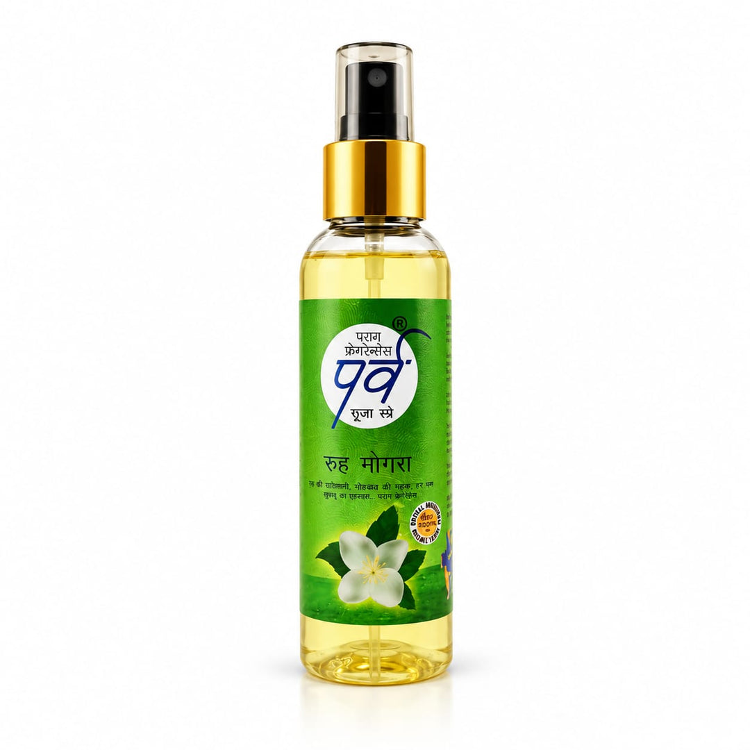 Parag Fragrances Parv Ruh Mogra Pooja Spray 120ml / 100% Alcohol Free & Made From Natural Attar | Long Lasting Natural Aroma | For Home, Temple, Office & Meditation